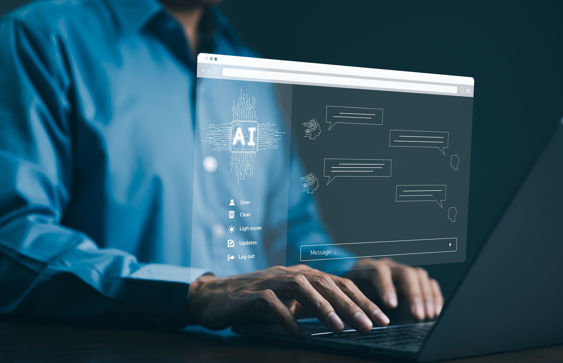 Chat with AI or Artificial Intelligence technology. Man using laptop computer chatting with an intelligent artificial intelligence and enter command prompt for generate some things help work. Chatbot,
