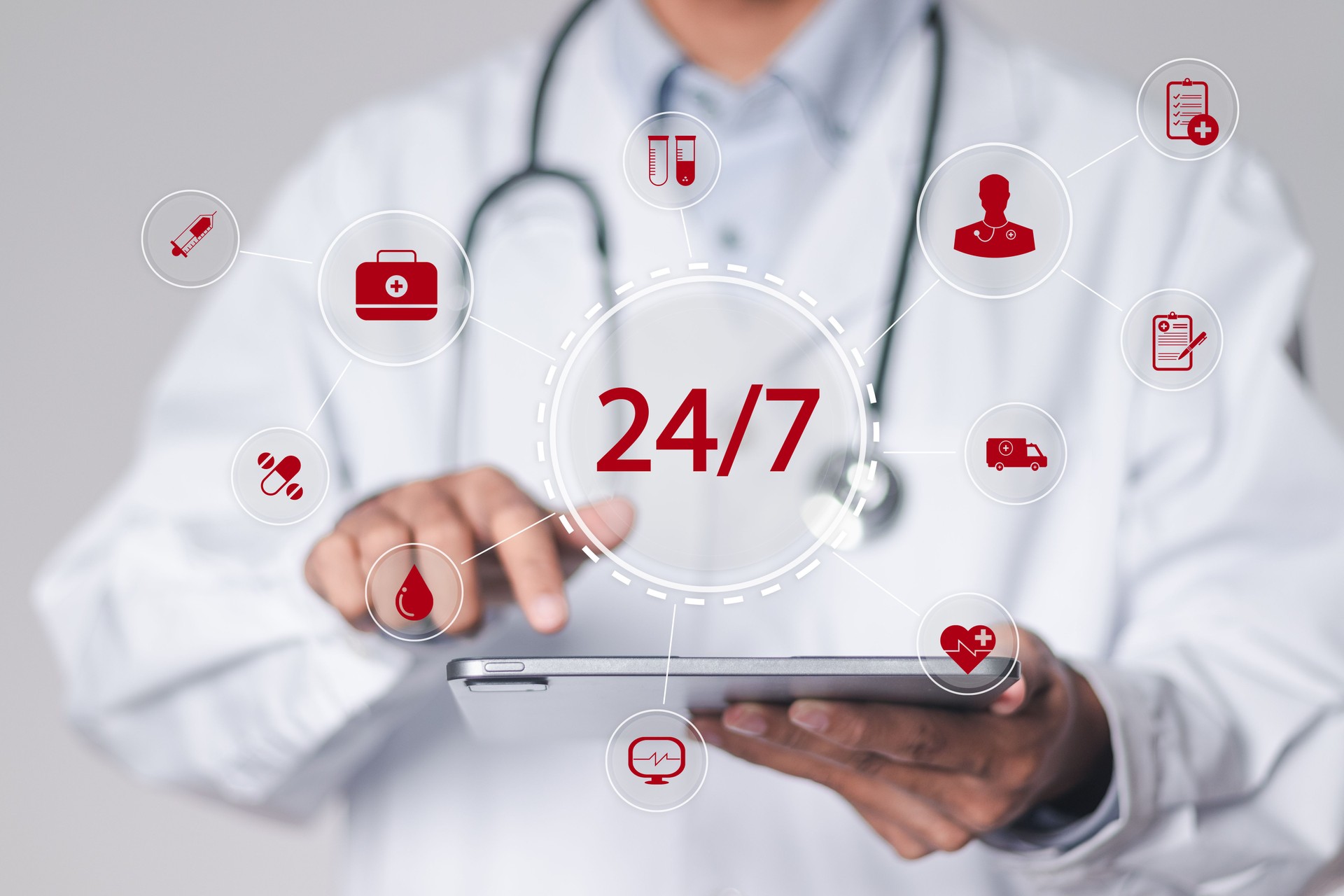 Doctor service patients 24 hours a day. Assist patients with accidents or emergencies, medical centers without interruptions. Medical call center service 24-7.