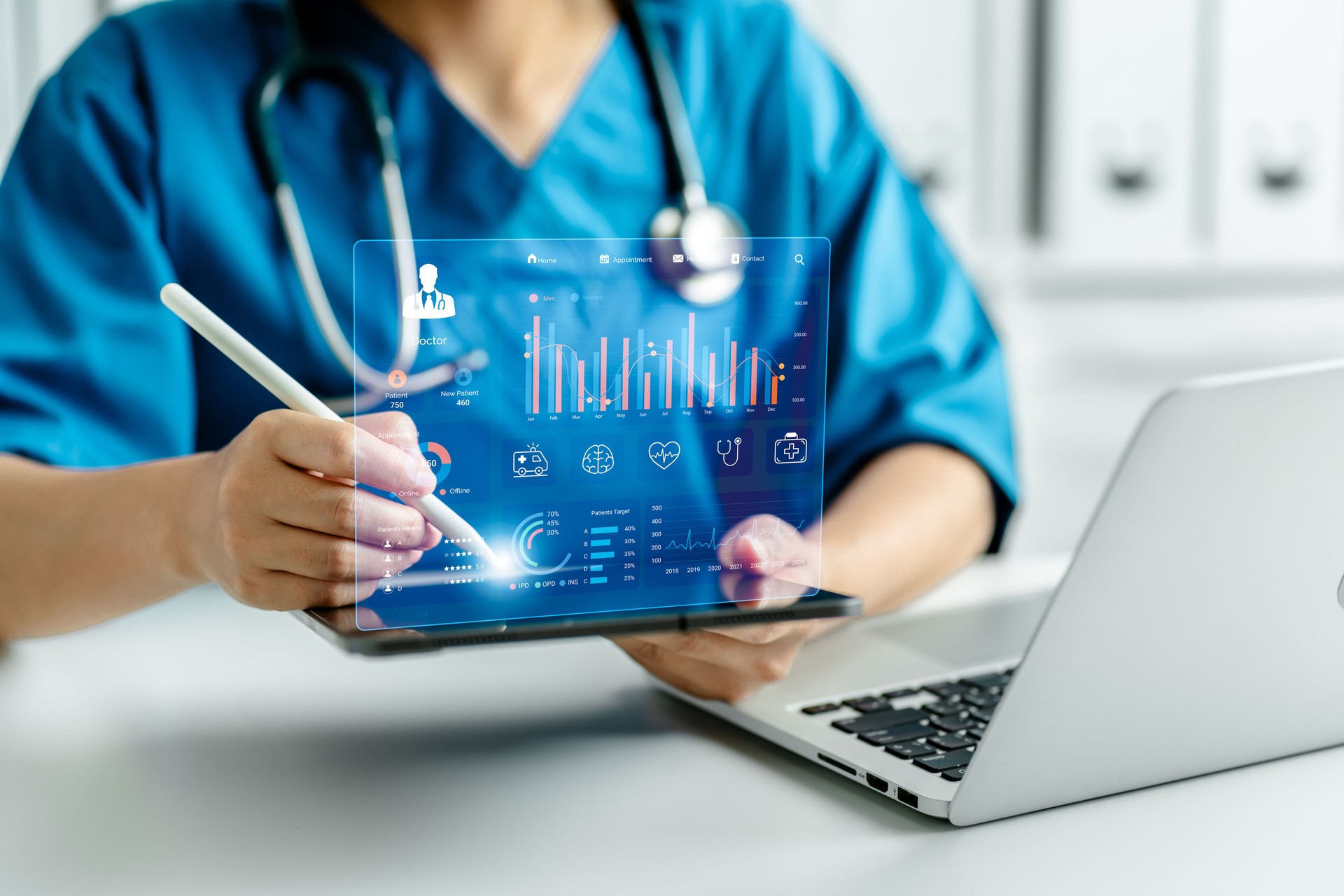 Medicine doctor use digital tablets to work medical dashboard interface virtual screen, diagnose online, Digital healthcare and network connection, medical technology and futuristic concept.